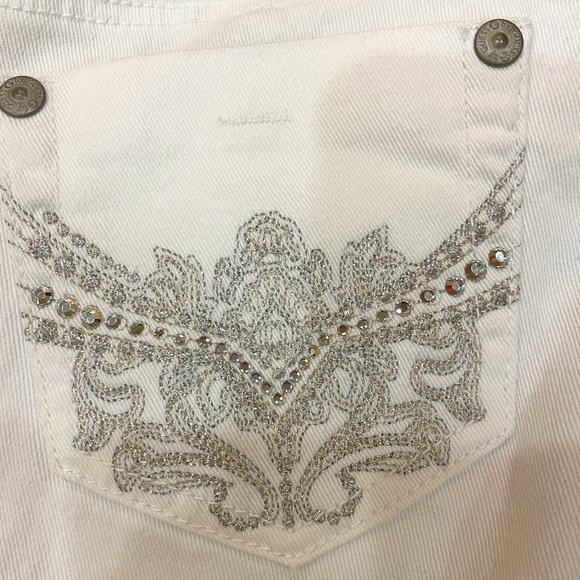 Women's Guess Sexy Straight Leg White Jeans with Silver Bling Pockets - Picture 3 of 7
